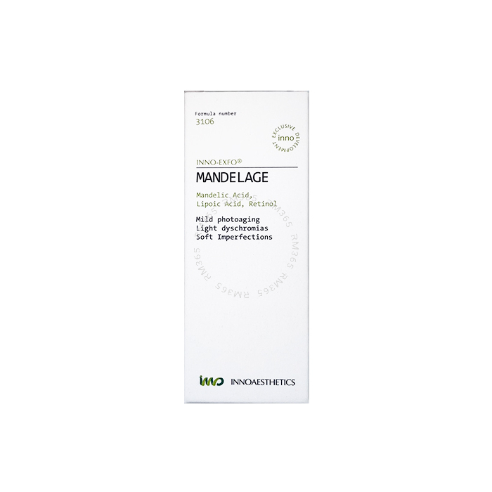 MANDELAGE traite le vieillissement modéré de la peau et les pigmentations superficielles. PEAU SEBORRHEIQUE ET ACNE. INNO EXFO. PEELING MEDICAL. USAGE PROFESSIONNEL.